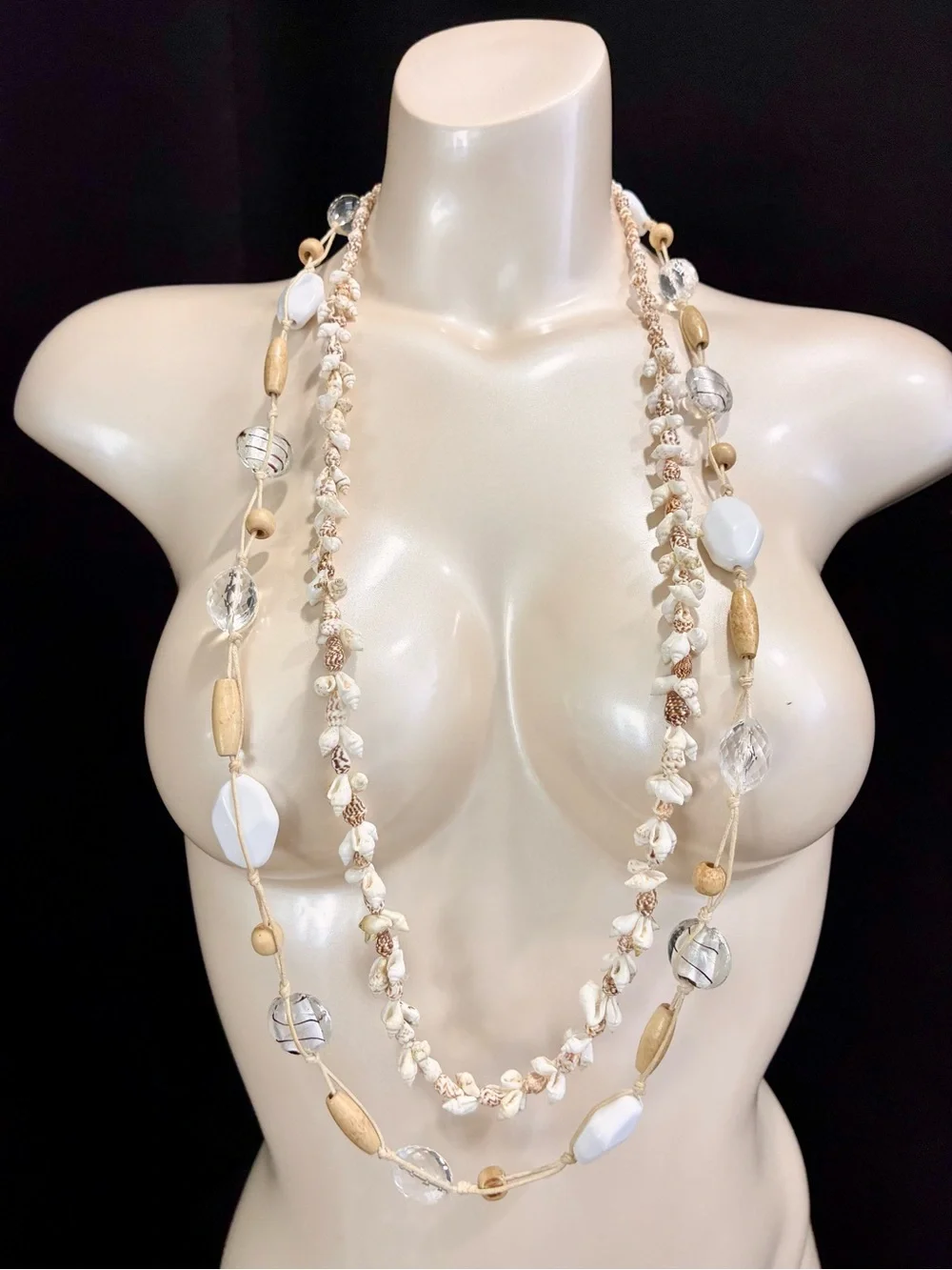 Stackable Beach Chic White & Tan Layered Shell & Bead Textured Necklace Lot of 2